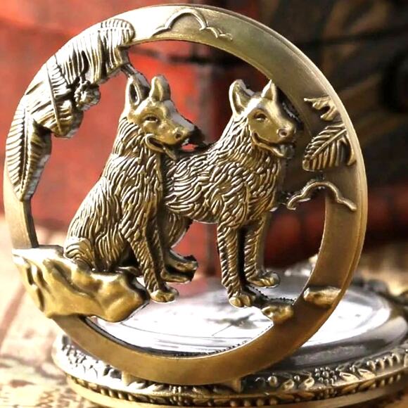 Wolf Wolves Pocket Watch Gold Necklace Werewolf Moon Christmas Halloween Gift